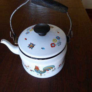 Vintage White With Rooster Enamel Tea Pot Kettle