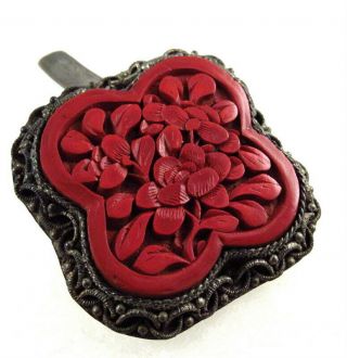 Vintage Chinese Carved Cinnabar Dress Clip Pin