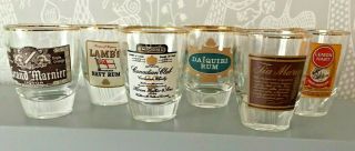 Vintage Retro Shot Tot Glasses Set 6 Branded Spirits Gold Rims Christmas Drinks