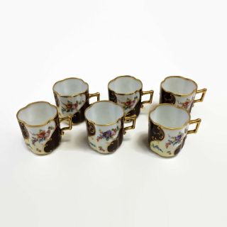 Fischer & Mieg Set Of 6 Demitasse Cups Hand Painted Brown Floral Gold Antique