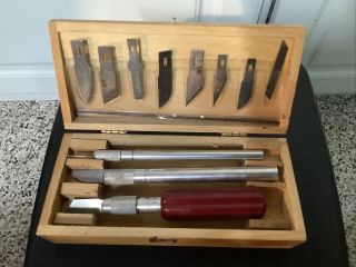 Vintage X - Acto Knife Set Carving Tools Hobby Knives Blades Wood Box