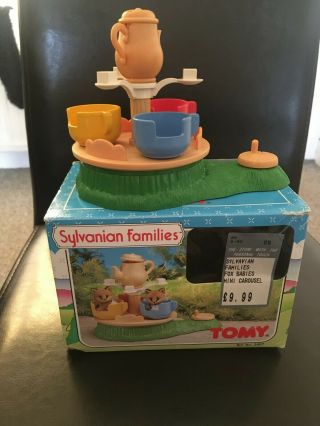 Vintage Sylvanian Families Tomy 1995 Baby Carousel Teacup Ride (boxed)