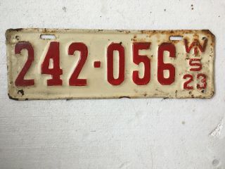 1923 Vintage White And Red Wisconsin License Plate