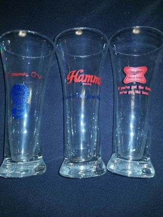 Set 3 Vintage 7 1/4 " Tall Pilsner Beer Glasses - Hamm’s - Schlitz - Pabst - Miller