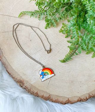 Vintage 1980 Smurf Rainbow Cloud Pendant Peyo Charm Necklace Gay Pride Lgbtq