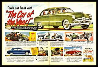 1949 Ford Custom 2 - Door Sedan 2 Page Car Of The Year Vintage Print Ad