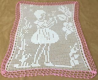 Vintage Hand Crocheted Large Doily Or Wall Hanging,  Young Girl With Flowers