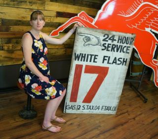 Large Atlantic White Flash Sign 1920s Gasoline Oil Sign Pricer Masonite Early