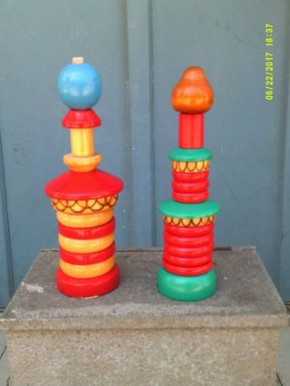 Pair Vtg Stacking Colorful Russian Tower Wood Folk Art Souvenir Toys