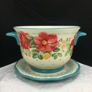 Pioneer Woman Vintage Floral Berry Colander Bowl Strainer W/ Drip Plate Ceramic