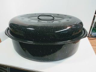 Vintage Black White Speckled Enamel 16 " Oval Roasting Pan With Lid