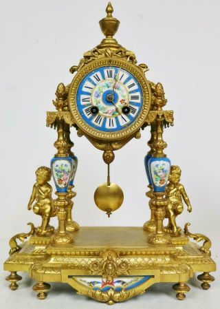 Antique French Gilt Metal & Blue Sevres Porcelain 8 Day Portico Mantle Clock