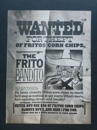 Vtg 1968 Ad – Fritos Corn Chip - Frito Bandito Wanted Poster Large 1960 