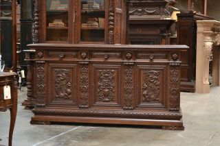 Large Antique Italian Heavily Carved Renaissance Sideboard Buffet