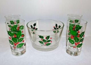 Mid Century Vintage Indiana Glass Christmas Holly Ice Bucket & Tumbler Set Of 4