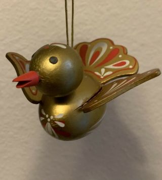 Vintage Wooden Bird Christmas Ornament Hand Painted Folk Art Gold Red