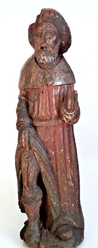 Antique 15th Century Carved Monochrome Statue Of Saint Roch