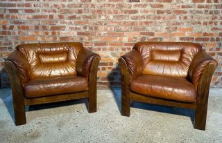 Vintage Danish 1970 Armchairs Deep Seated Retro Tan Leather Hand Dyed