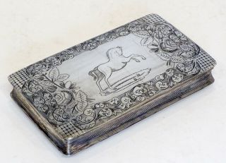 1843 Antique Sterling Silver Dutch Oversize Snuff Box W/ Finely Engraved Horse
