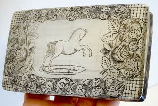 1843 Antique STERLING SILVER Dutch OVERSIZE SNUFF BOX w/ Finely Engraved HORSE 2