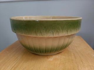 Vintage 10.  5 " Yellow Ware Stoneware Green Glaze Mixing Bowl