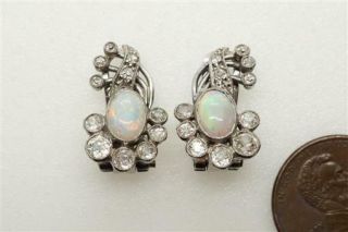 Antique / Vintage 14k White Gold Opal & Old Cut Diamond Floral Clip Earrings