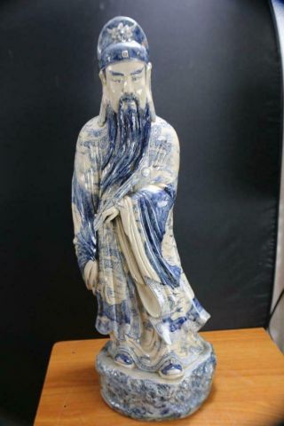 Very Fine & Large Chinese Porcelain Blue & White Statue Figure Marked 32 " H.