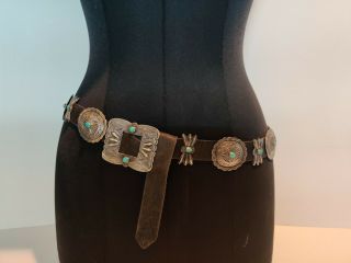 Antique Navajo Native American Sterling Silver Turquoise Hand Made Concho Belt