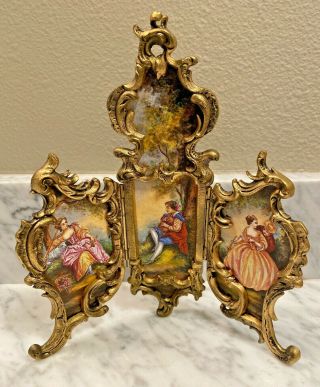 Antique Austrian Ornate Brass Porcelain Enamel Romantic Miniature Large Screen