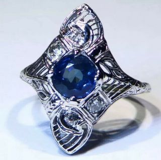 Blue Sapphire Diamond Ring Filigree Old Antique 1920’s 14k White Gold N19