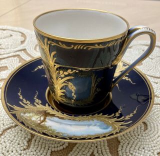 Sevres 18th Century Cup & Saucer Cobalt Blue Hand Painted Scene Heavy Gold Gilt 2