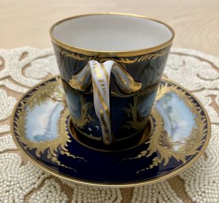 Sevres 18th Century Cup & Saucer Cobalt Blue Hand Painted Scene Heavy Gold Gilt 3