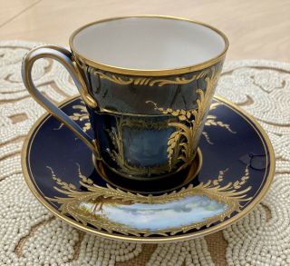 Sevres 18th Century Cup & Saucer Cobalt Blue Hand Painted Scene Heavy Gold Gilt 4