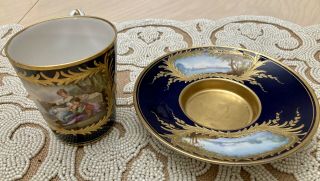 Sevres 18th Century Cup & Saucer Cobalt Blue Hand Painted Scene Heavy Gold Gilt 5