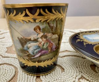 Sevres 18th Century Cup & Saucer Cobalt Blue Hand Painted Scene Heavy Gold Gilt 6