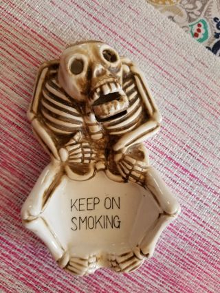 Vintage Ceramic Novelty Skeleton Nodder Ashtray Keep On Smoking Halloween Decor