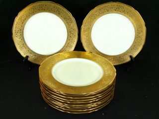 Rare Gold Plated Encrusted Scrolls Greek Key Scalloped 12 Dinner Plates Back