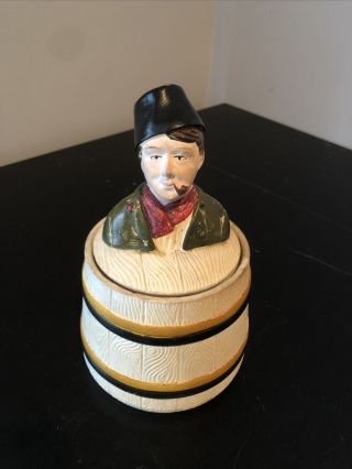 Antique Tobacco Jar Ceramic Guy Sitting On A Barrel 5 X 20 4
