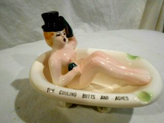 Vintage Japan Ceramic Nude Lady In Bath Tub Ashtray " For Cooling Butts & Ashes "