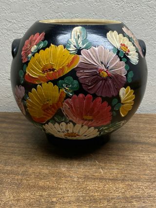 Vintage Ransburg Black Round Cookie Jar Hand Painted Flowers Without Lid