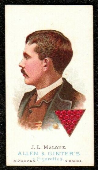 1888 Allen & Ginter The Worlds Champions Pool Player J.  L Malone Cigarette Card