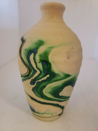 Vintage Nemadji Pottery Green Blue Swirl Vase Usa 