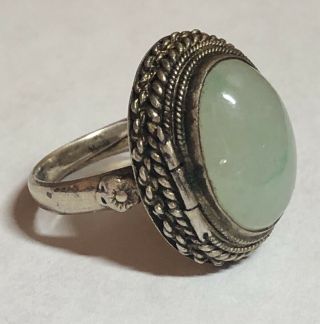 Vintage Chinese Silver Gilt Jade Jadeite Adjustable Poison Ring Sodalite? Buddha