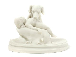 Biscuit Porcelain Figurine (parian) " Boy With Dog ".  Sweden,  Gustavsberg,  1925