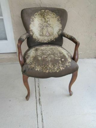 Vintage French Style Wood Accent Side Arm Chair Tapestry Upholstered