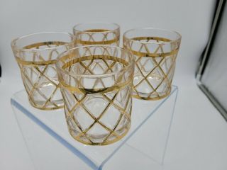 Set Of 4 Vintage Altuzarra Gold Lattice Low Ball Cocktail Old Fashioned Glasses