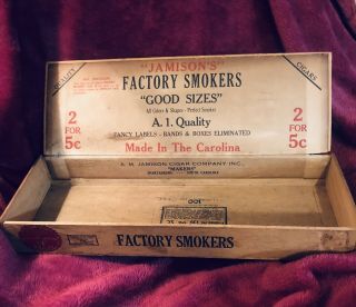 Antique/vintage “jamison’s Factory Smokers” Wood Cigar Box