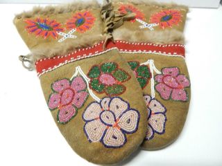 Vintage Antique Cree Indian Beaded Hide Mittens C.  1920 - 30s - Montana / Alberta