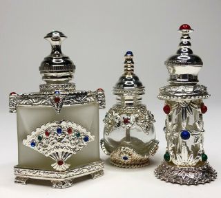 Vintage Set Of 3 Silver - Tone & Rhinestone Turkish Frosted Glass Perfume Bottles