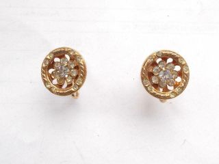 Vintage Art Deco Gold Tone Clear Glass Crystal Screw Fastening Flower Earrings